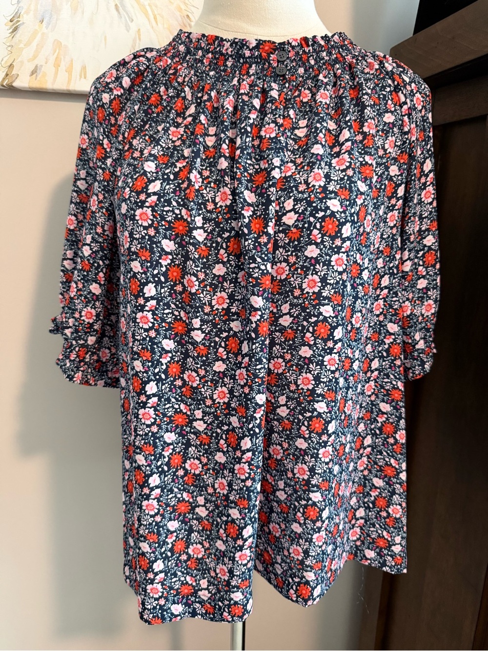 LOFT Navy Floral Smocked Neck Blouse -EUC